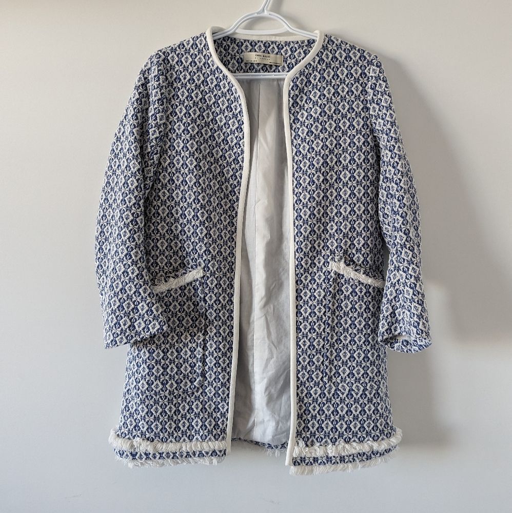 ZARA Basic Women's Size S Blue and White Patterned Coat with Fringe Detail